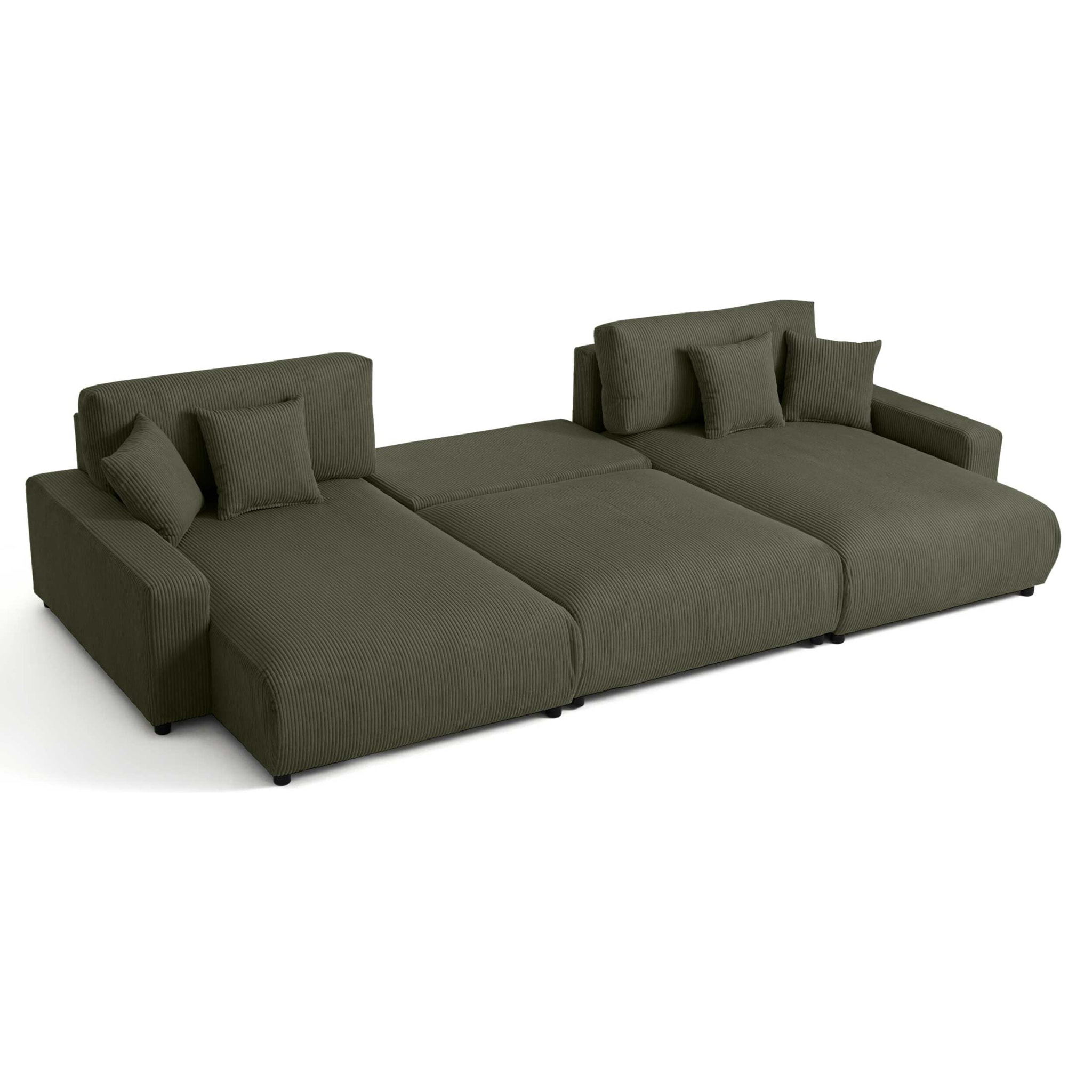 Pivoine - canapé panoramique en U - 7 places - convertible avec coffre - en velours côtelé - Vert