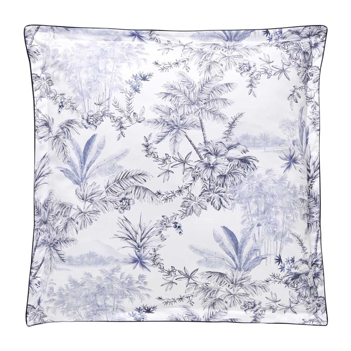 Taie d'oreiller imprimée en satin de coton bio, RIVAGES, Bleu de chine