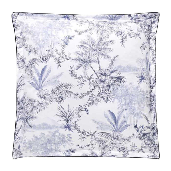 Taie d'oreiller imprimée en satin de coton bio, RIVAGES, Bleu de chine