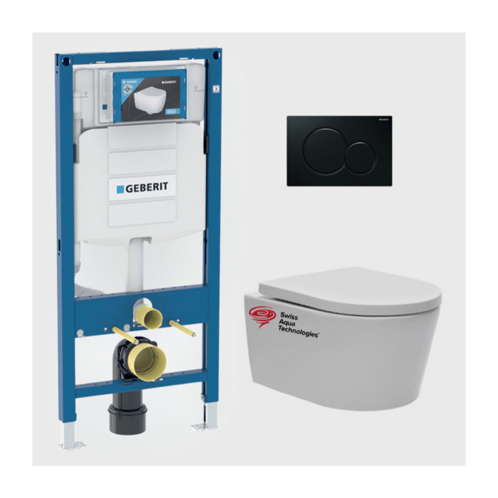 Pack WC Bati-support Geberit + cuvette Swiss Aqua Technologies + Abattant softclose + Plaque (GebSatrimless-A)