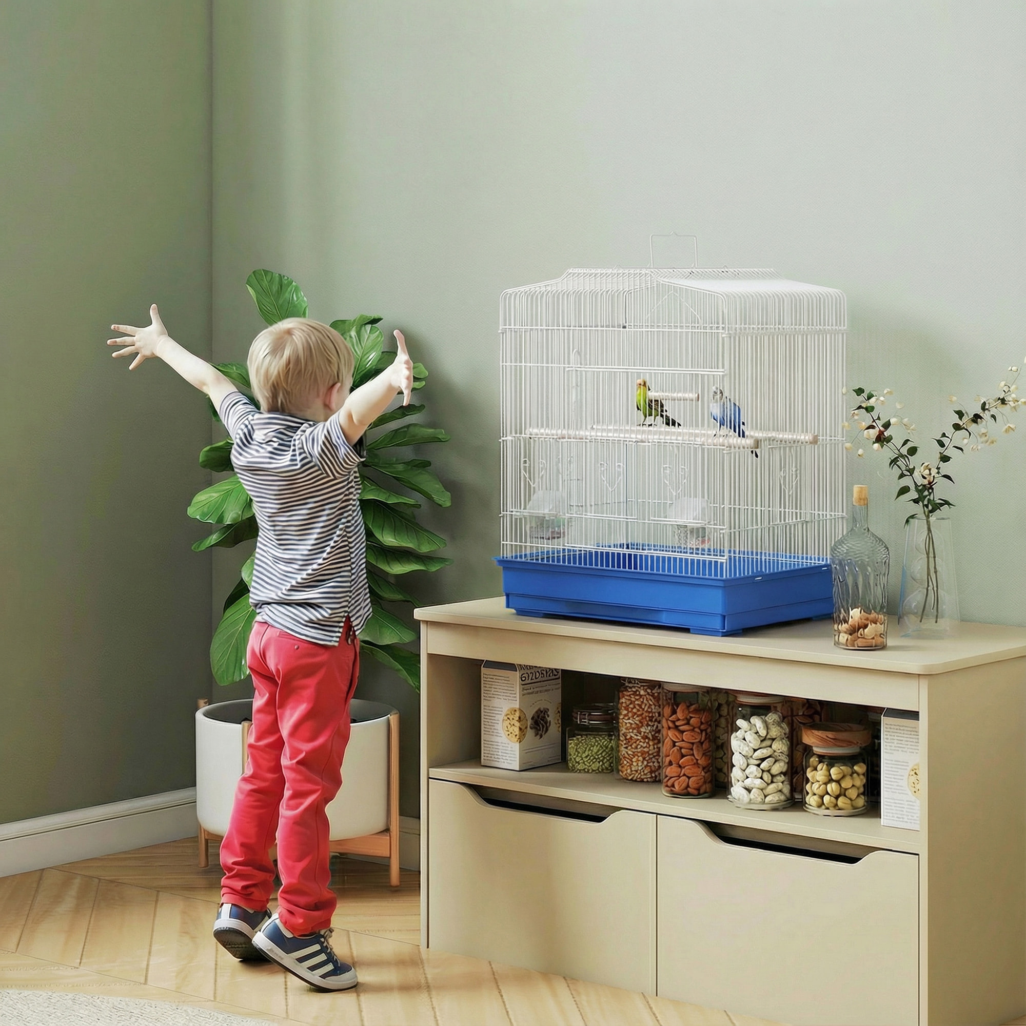 Jaula para Pájaros, Jaula de Acero para Pájaros con Puertas, 2 Comederos, 2 Perchas, Columpio, Bandeja Extraíble y Asa de Transporte, para Loro, Canario, Periquito, 46,5x36x59 cm, Azul