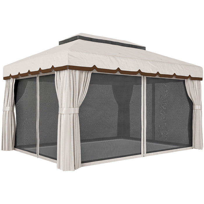 de Jardín 4x3 m, Pabellón de Jardín Gazebo con Doble Techo, 4 Cortinas y Mosquitera, Marco de Aluminio, Orificios de Drenaje, UPF50+, Carpa para Exterior, Terraza, Patio, Blanco Crema