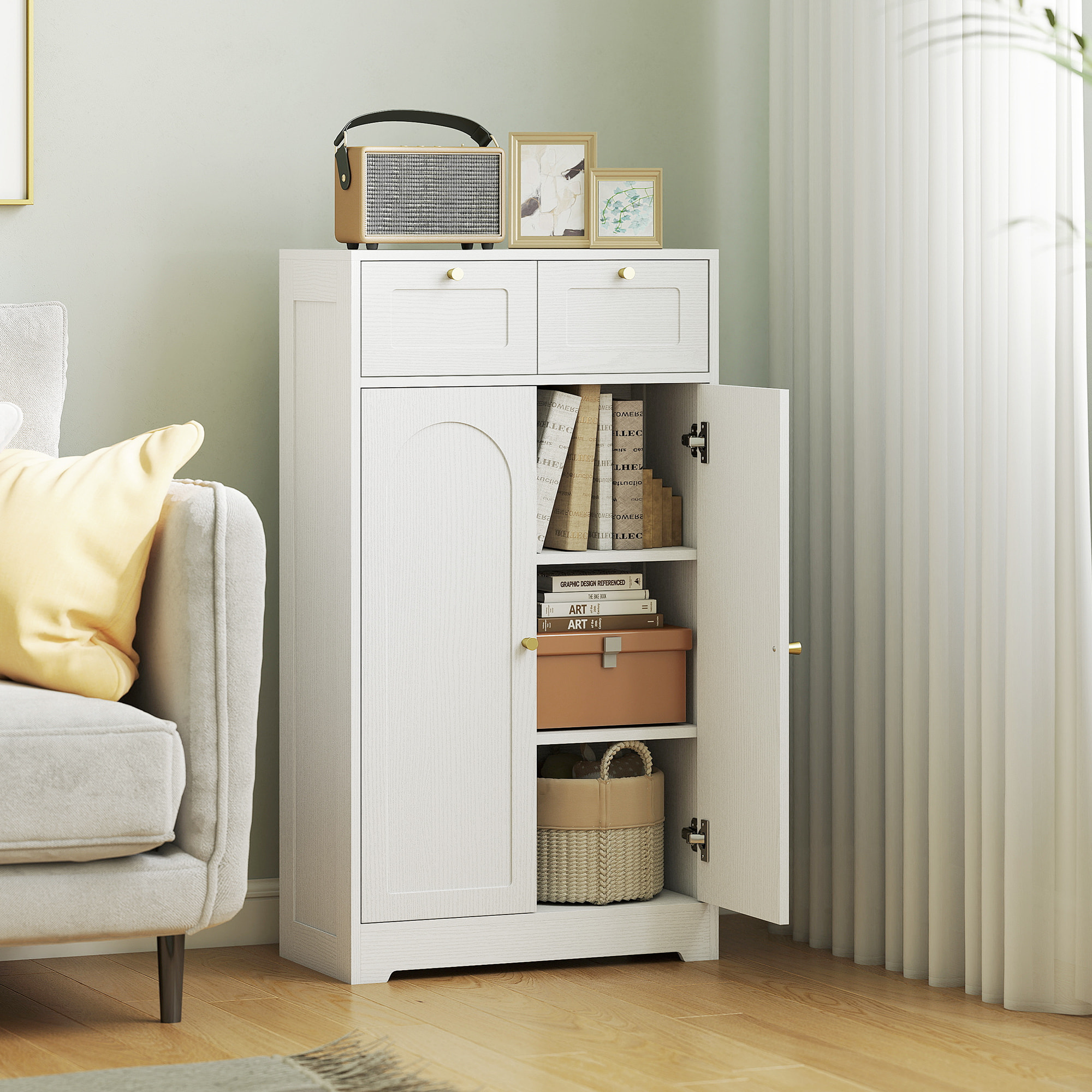 Armario de Baño Estrecho, Mueble Auxiliar de Baño, 60x30x108 cm, con 2 Cajones, Estante Abierto y Puerta con Panel Arqueado, Estilo Moderno, para Espacios Pequeños, Blanco Veteado