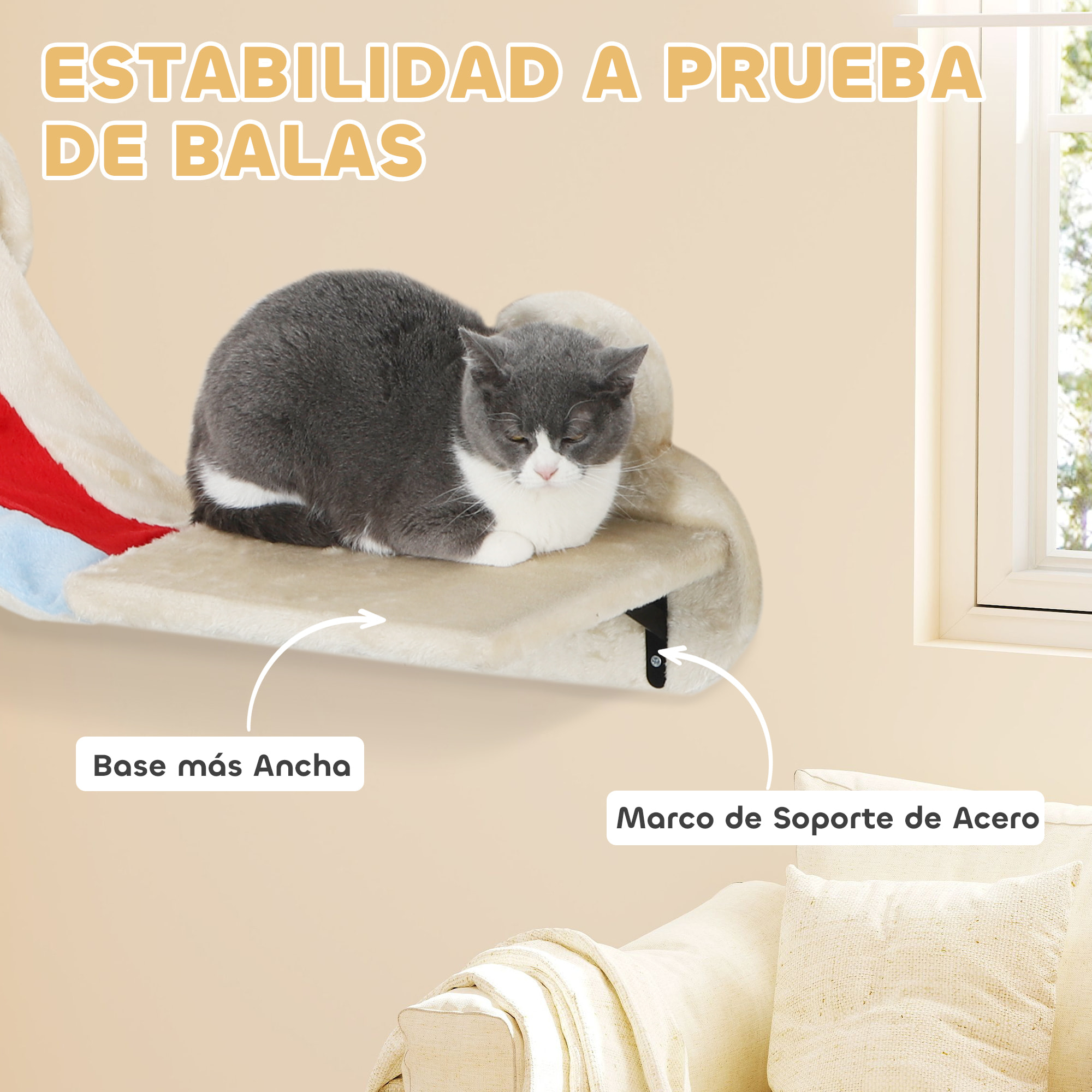 Juego de Pared de Escalada para Gatos de 6 Piezas Tema Cielo Estanterías para Gatos con Hamacas Plataformas Escaleras Tabla Rascador Poste de Sisal Estrellas de Juguete Beige