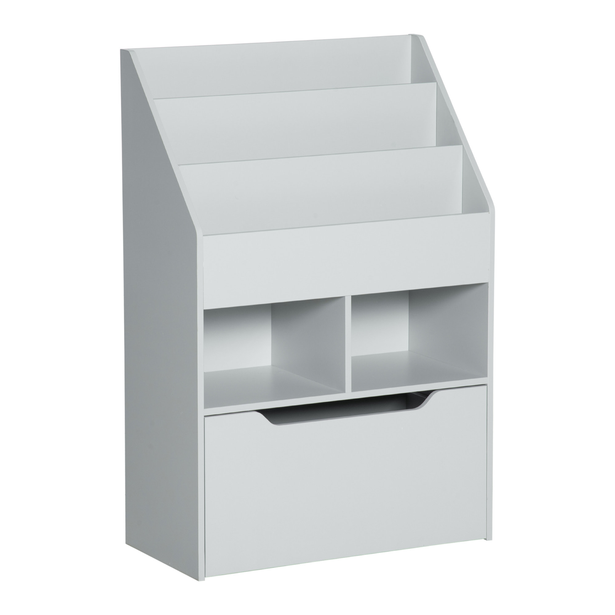 Bibliothèque étagère multi-rangement 3 étagères 2 niches grand tiroir MDF gris clair