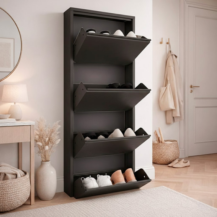 Scarpiera Slim In Metallo 4 Ante A Ribalta Ultra Sottile Salvaspazio Mobile Portascarpe Moderno Ingresso Camera Corridoio 138 x 50 x 15 Cm Colore Nero