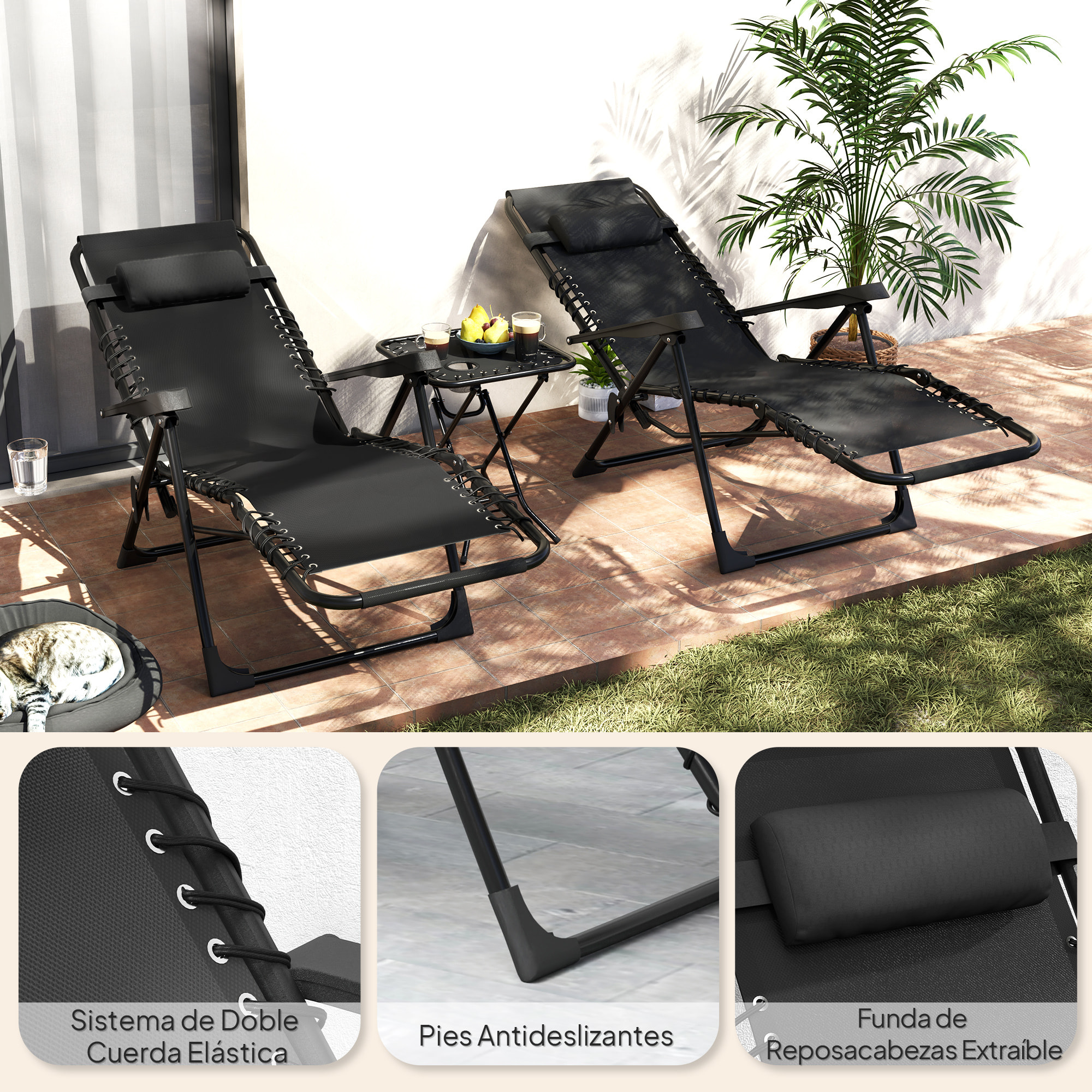 Set de 2 Tumbonas Jardín Exterior Plegables con Mesa Auxiliar Portavasos Tumbonas de Gravedad Cero con Respaldo Ajustable Reposabrazos Extraíble para Patio Piscina Terraza Exterior Negro