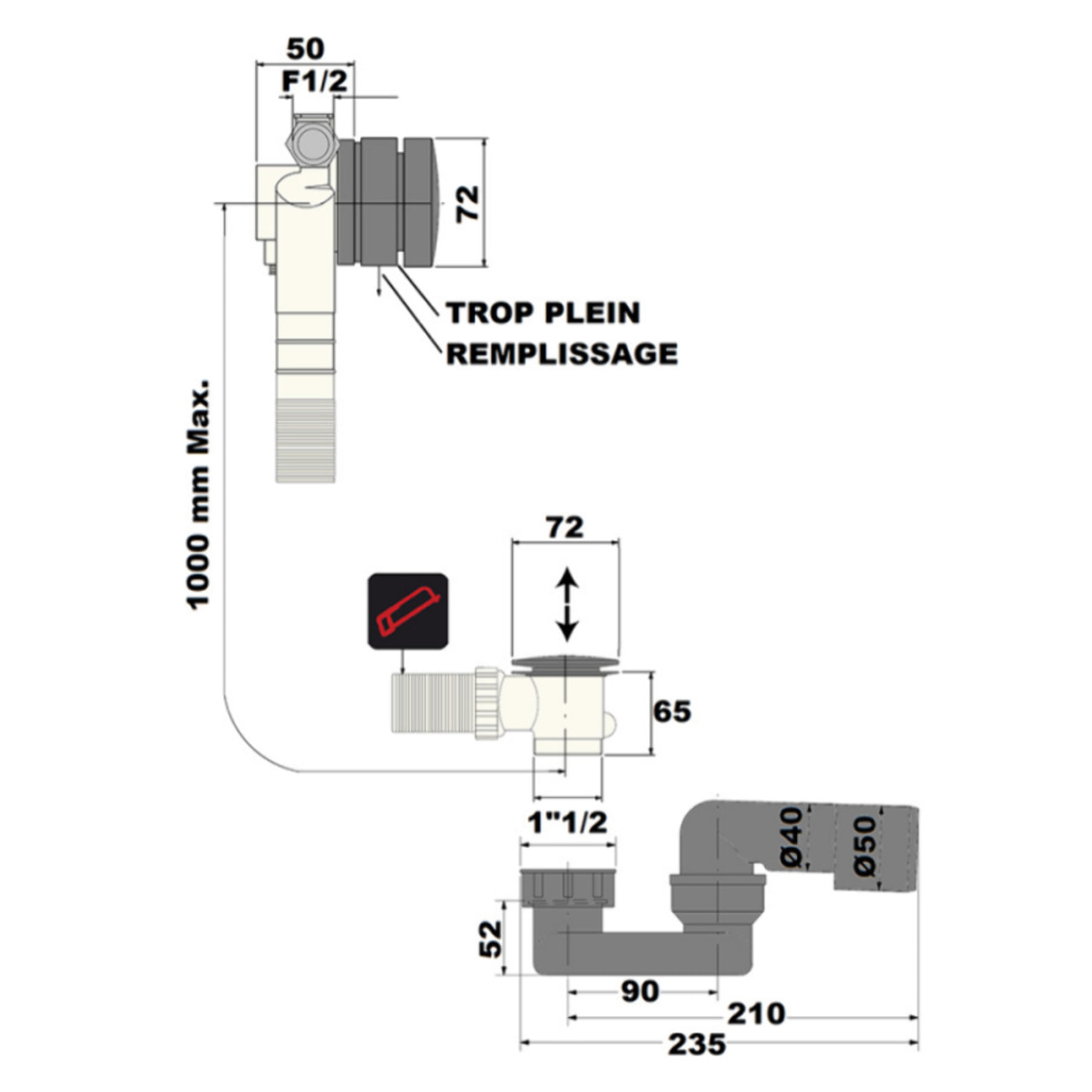 Vidage de baignoire PAINI remplissage par le trop plein 90 cm Noir mat