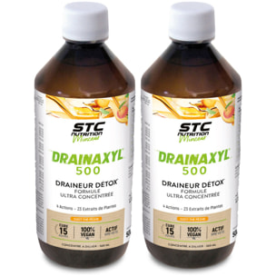 STC NUTRITION - Drainaxyl 500 - 4 actions : Brûle-graisses, Digestion ventre plat, Circulation jambes légères, Drainant, Détoxifiant - 23 Extraits de plantes dont Elim'Real® - Goût thé pêche - 500ml - Lot de 2