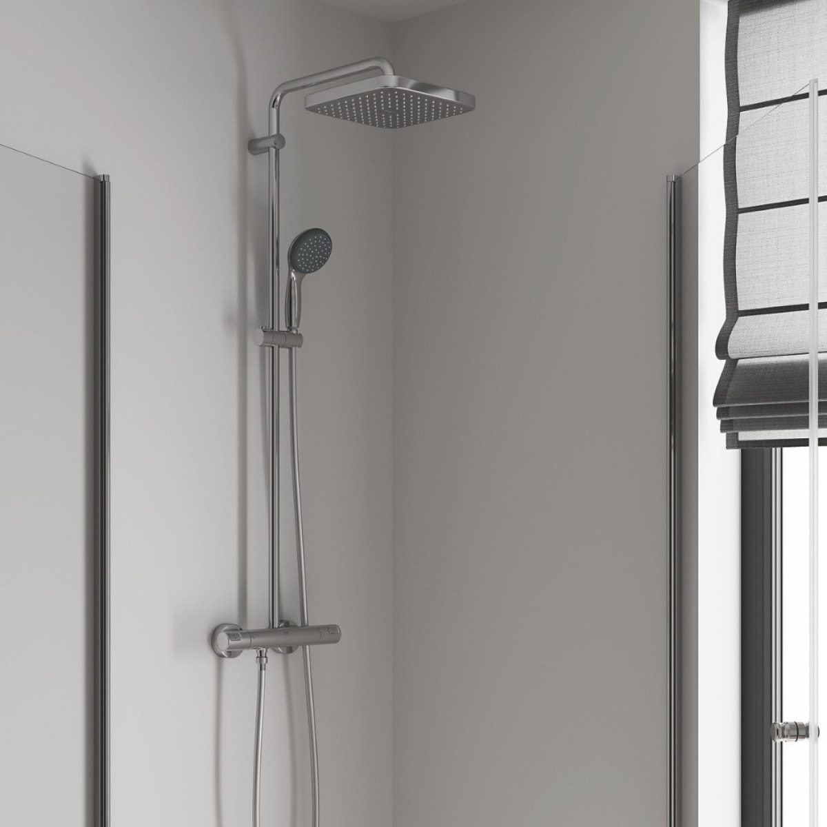 Pack douche : Porte coulissante 120cm + Colonne de douche avec mitigeur thermostatique Grohe + Receveur 120x80cm Blanc