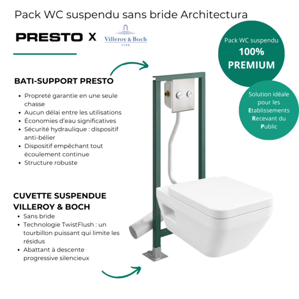 Pack WC suspendu sans bride VILLEROY&BOCH Architectura Twistflush rectangle + Abattant + Bâti-support autoportant PRESTO + Plaque