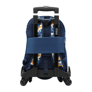 Fortnite Blue Camo mochila primaria doble compartimento + carro  con protección lateral y stoper frontal, 4 ruedas multidireccionales.