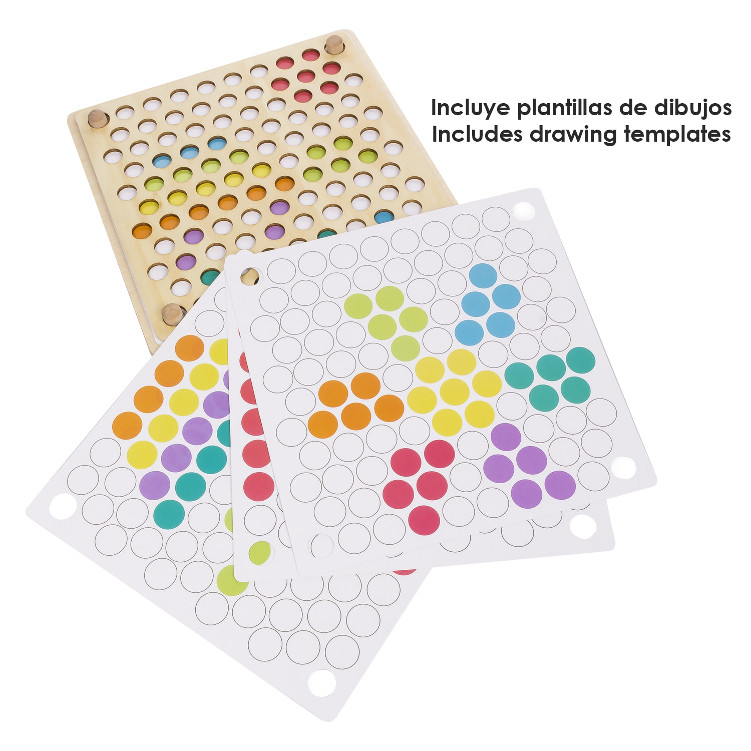 Tablero Montessori de madera para crear de mosaicos multicolor. Crea dibujos de forma libre o siguiendo los patrones.