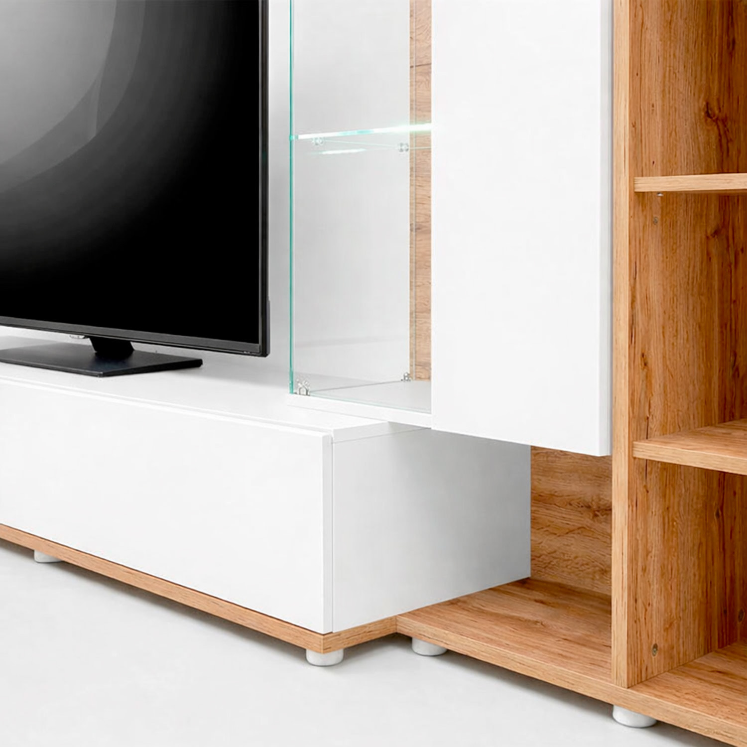 Parete Attrezzata Mobile TV Vetrina LED Living Mensola Vani Multifunzione Design Contemporaneo Arredo Casa 240 x 40 x 145 Cm Bianco Rovere E Scuro
