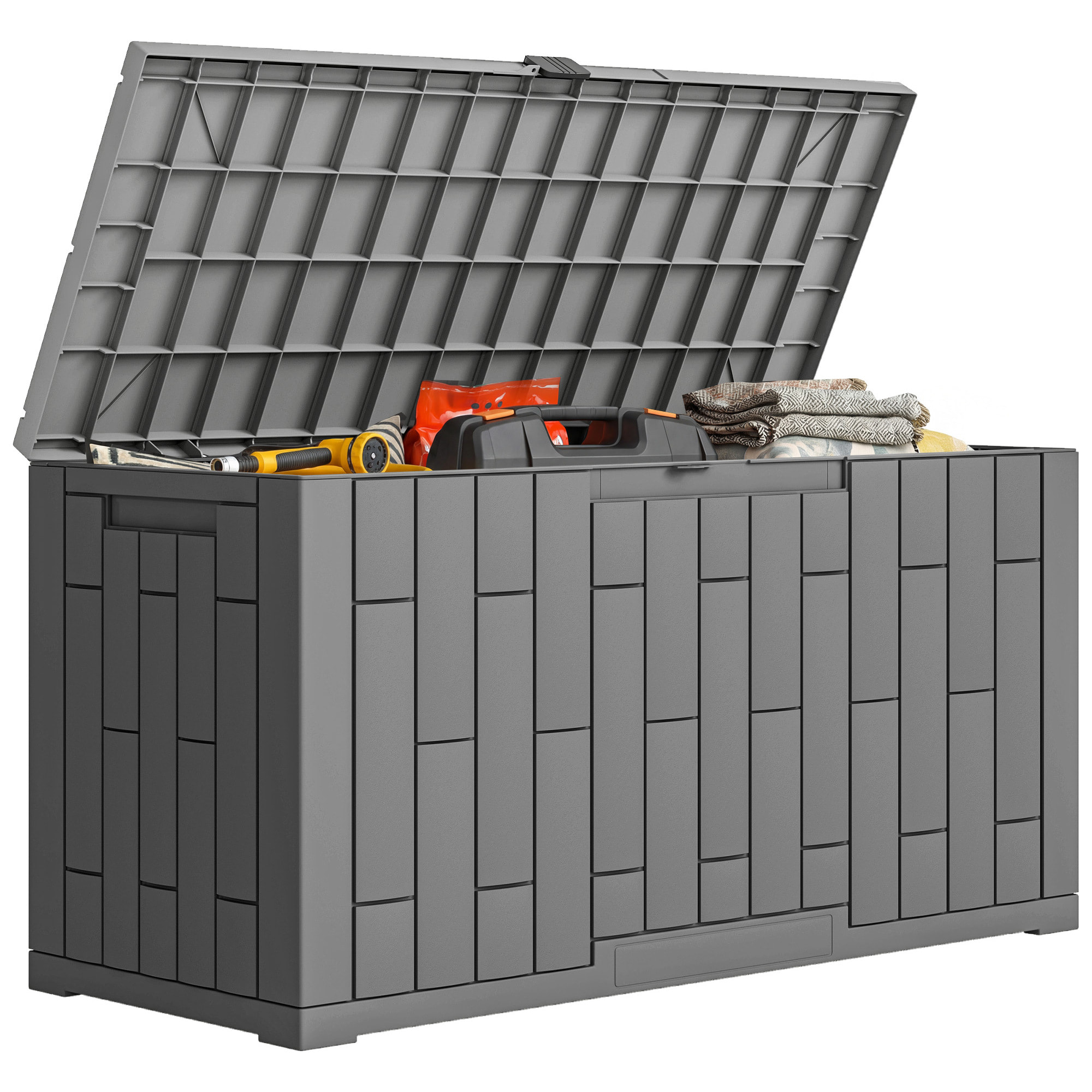Arcón Exterior Capacidad 227L, Baúl de Almacenaje Exterior de Resina Resistente al Agua y a los Rayos UV, con Cerradura para Jardín, Terraza, Patio, 106,5x43x54,5 cm, Gris