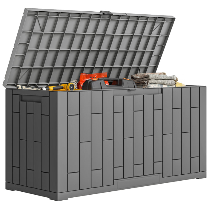 Arcón Exterior Capacidad 227L, Baúl de Almacenaje Exterior de Resina Resistente al Agua y a los Rayos UV, con Cerradura para Jardín, Terraza, Patio, 106,5x43x54,5 cm, Gris