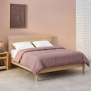 Lit avec sommier à lattes et tête de lit 140x190cm décor bois LINEAR