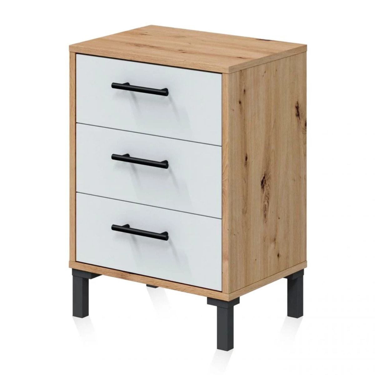 Mesita de noche de 3 cajones en blanco mate y roble nodi 40x33 cm Leia Blanco Artik (Blanco Mate) - Roble Nodi