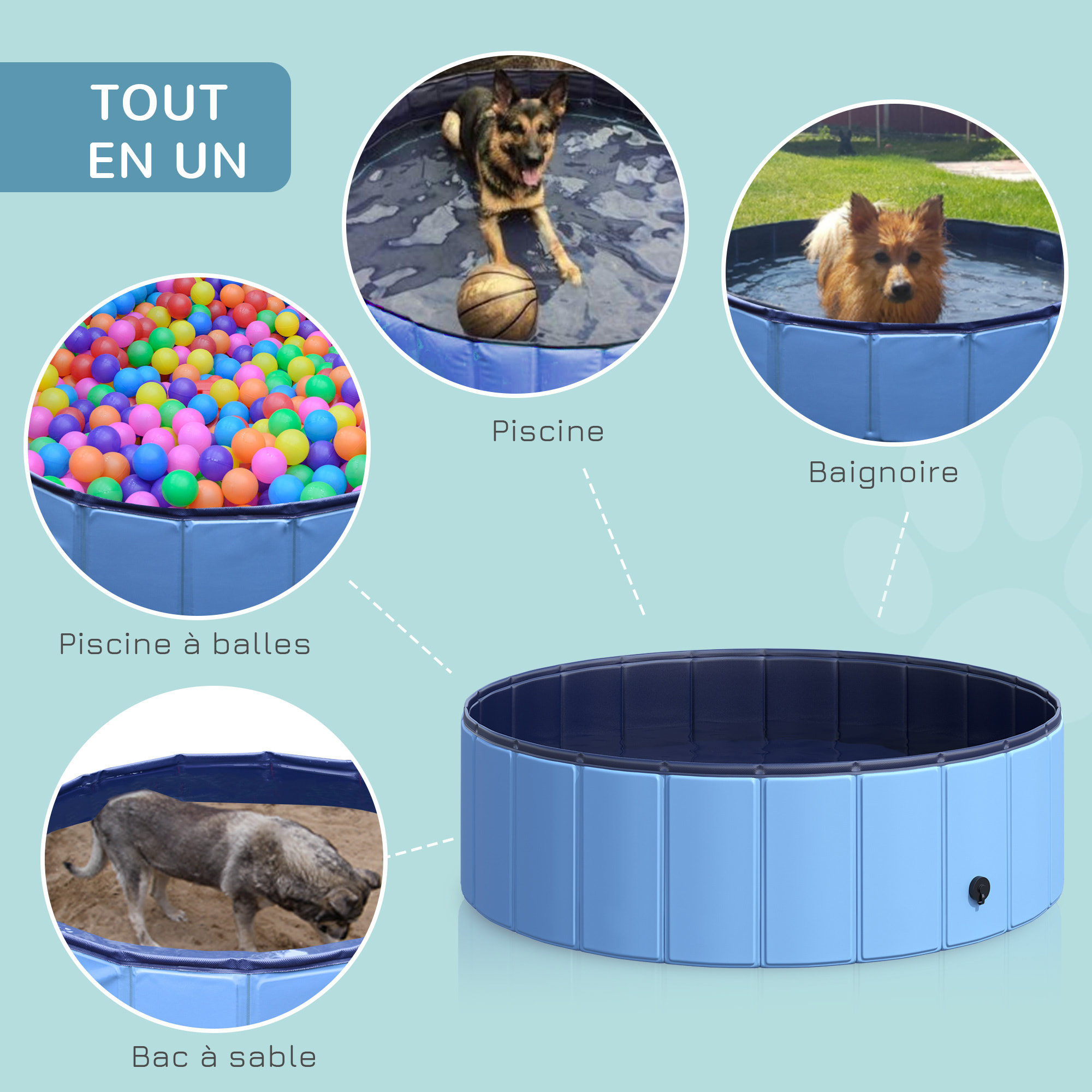 Piscine pour chien bassin PVC pliable anti-glissant facile à nettoyer diamètre 100 cm hauteur 30 cm bleu