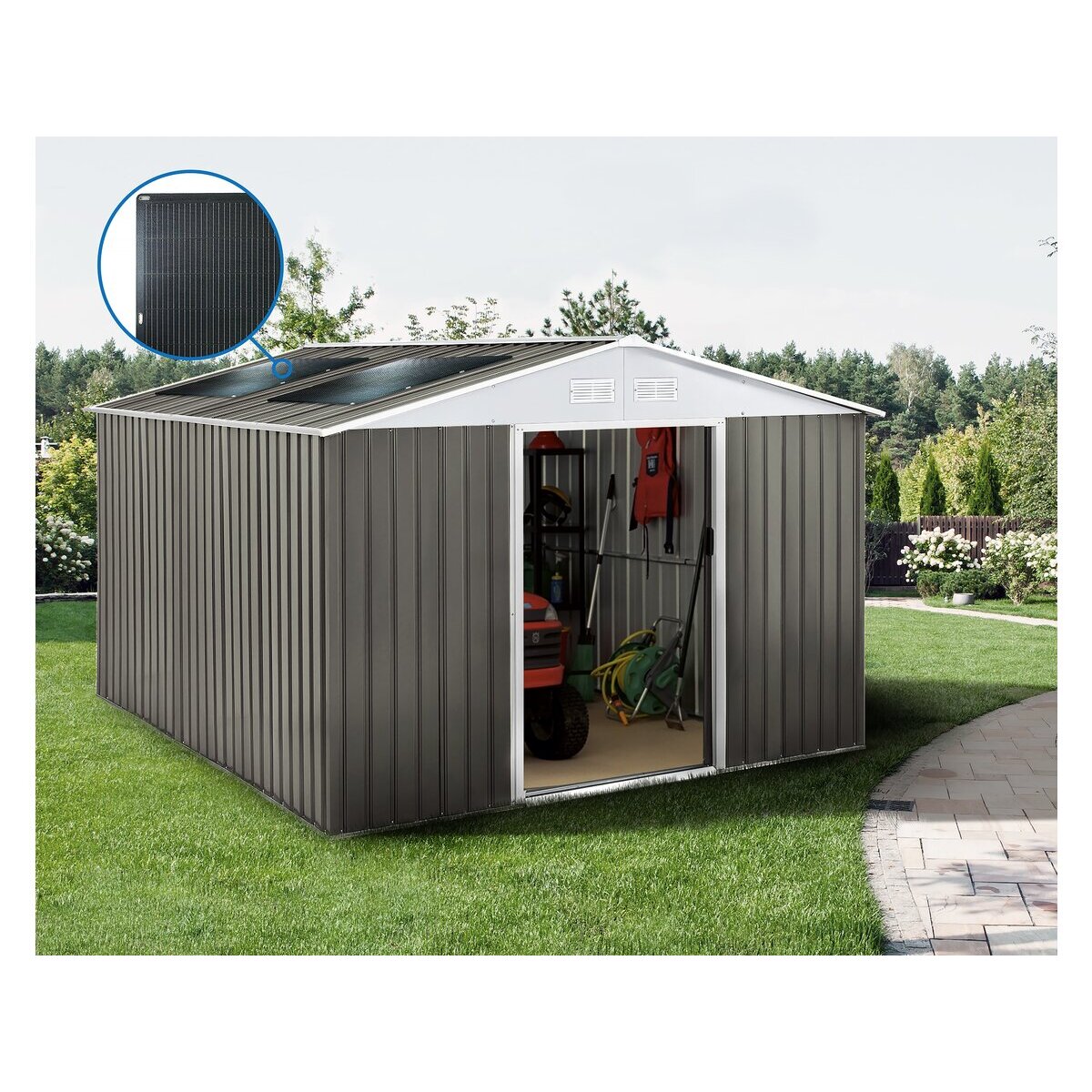 Abri jardin métal "Dallas" - 12,99 m² avec panneaux solaires - Taupe