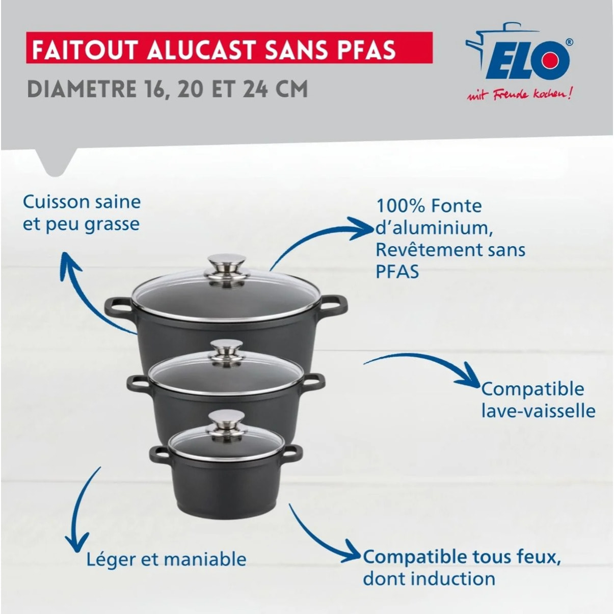 Set de 3 faitouts 16 cm 20 cm et 24 cm sans PFAS avec couvercles en verre Elo Alucast
