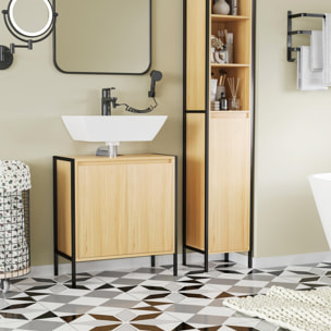 Meuble salle de bain - meuble sous-vasque - 2 portes, étagère réglable - dim. 60L x 30l x 65H cm - châssis acier noir panneaux aspect bois clair