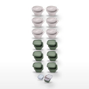 12 Boites à Snacks Pliables en Silicone Blanc et Vert et 3 boîtes à sauce Fackelmann Storage