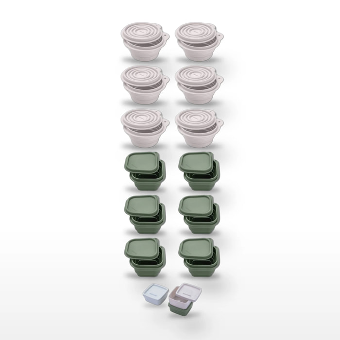 12 Boites à Snacks Pliables en Silicone Blanc et Vert et 3 boîtes à sauce Fackelmann Storage