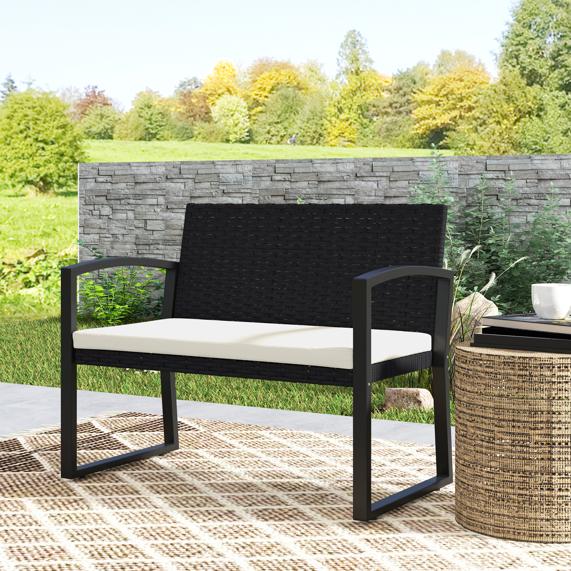 Banco de Jardín de Ratán Sintético de 2 Plazas Banco de Exterior con Cojín y Reposabrazos Carga 240 kg para Terraza Patio 103x58x78 cm Negro y Beige
