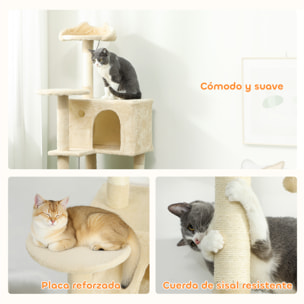 Árbol Rascador para Gatos, Árbol para Gatos 140 cm, Torre Escalador con Múltiples Plataformas, Cama, 2 Cuevas, Hamaca, Escalera, Postes de Sisal, Bolas para Jugar, Beige