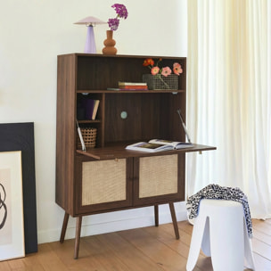 Bureau secrétaire décor bois et cannage 2 portes BOHÈME