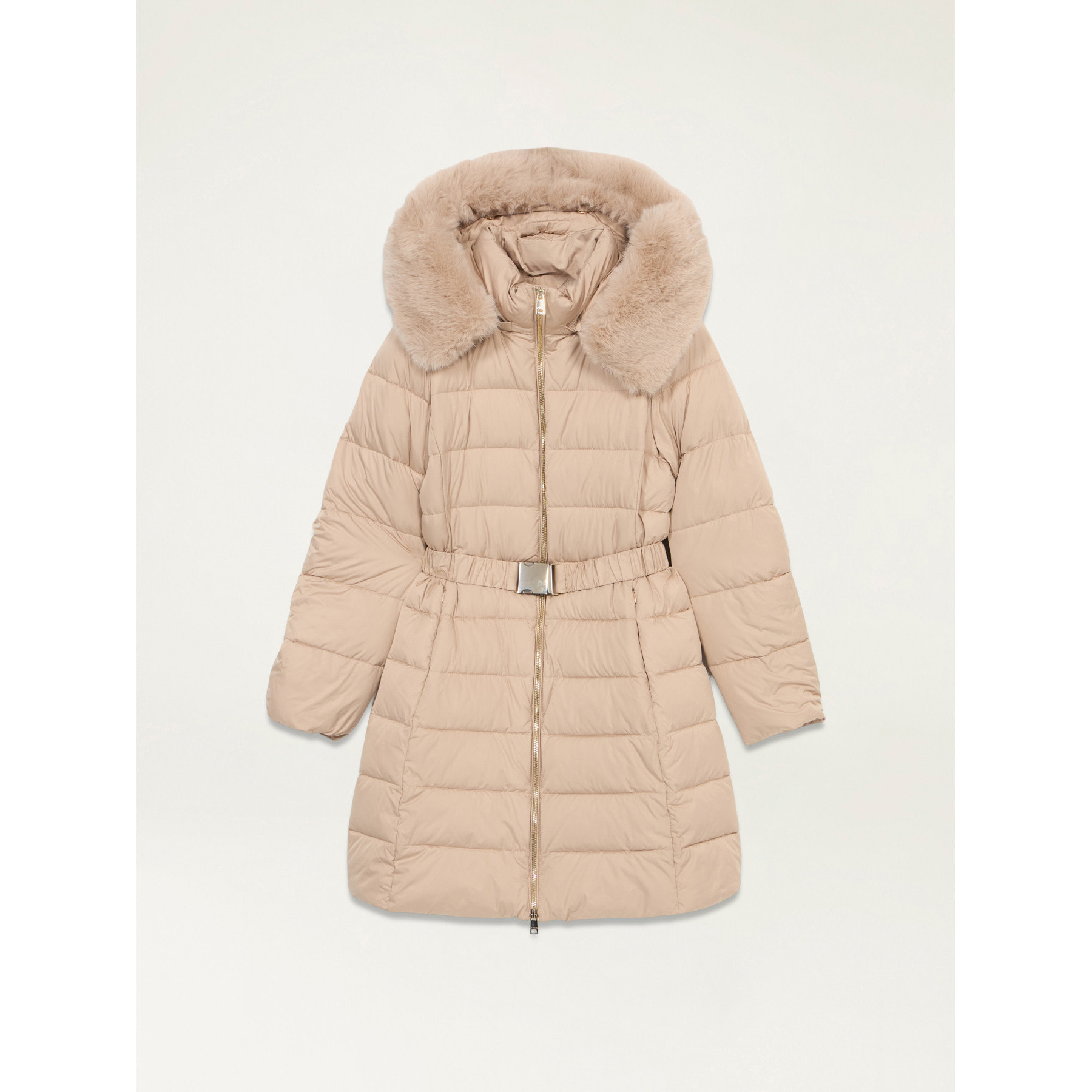 Oltre - Piumino midi con cintura e bordo peloso - Beige