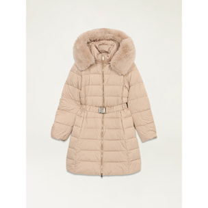 Oltre - Piumino midi con cintura e bordo peloso - Beige