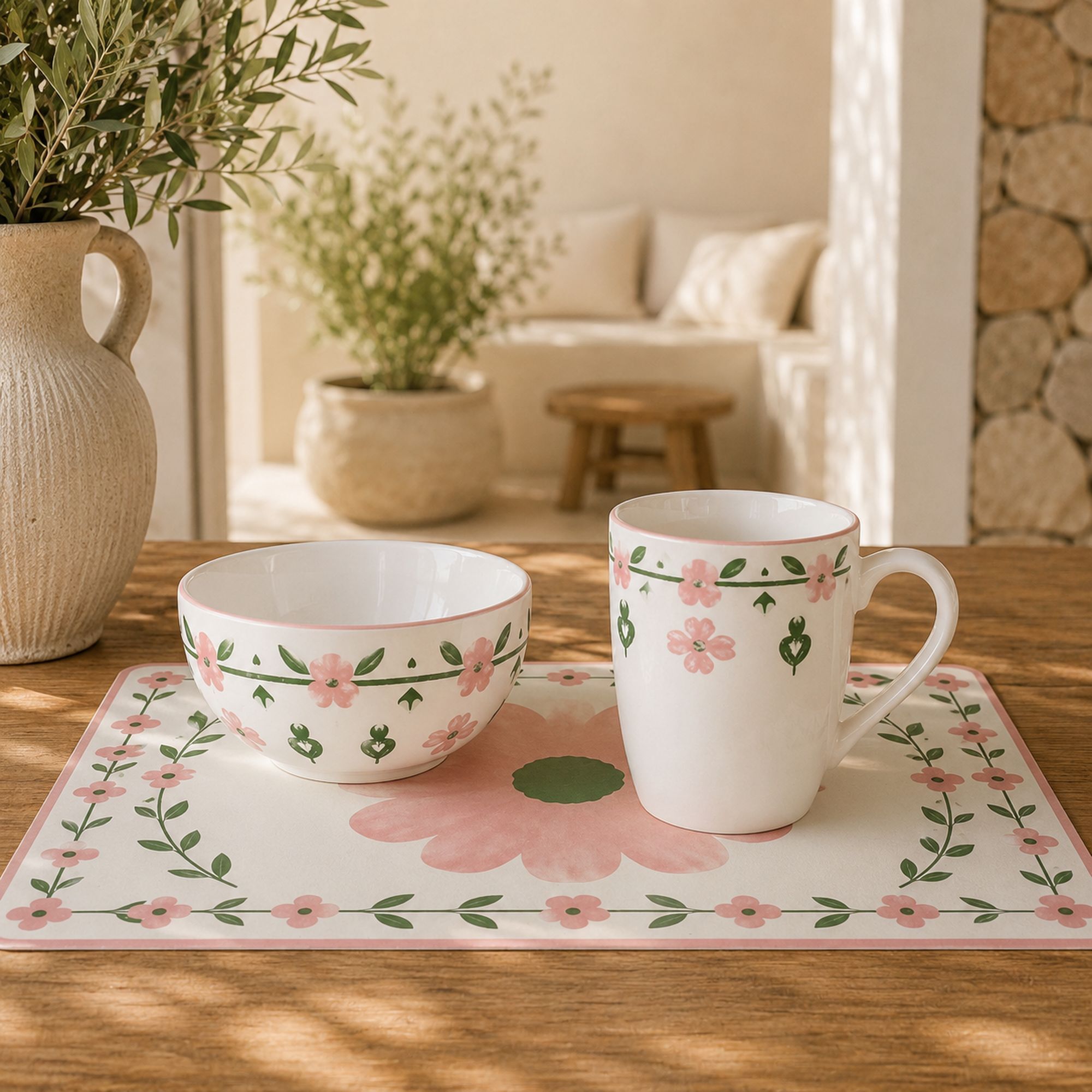 Lot de 6 mugs 36cl en porcelaine blanc et rose floral PRIMAVERA