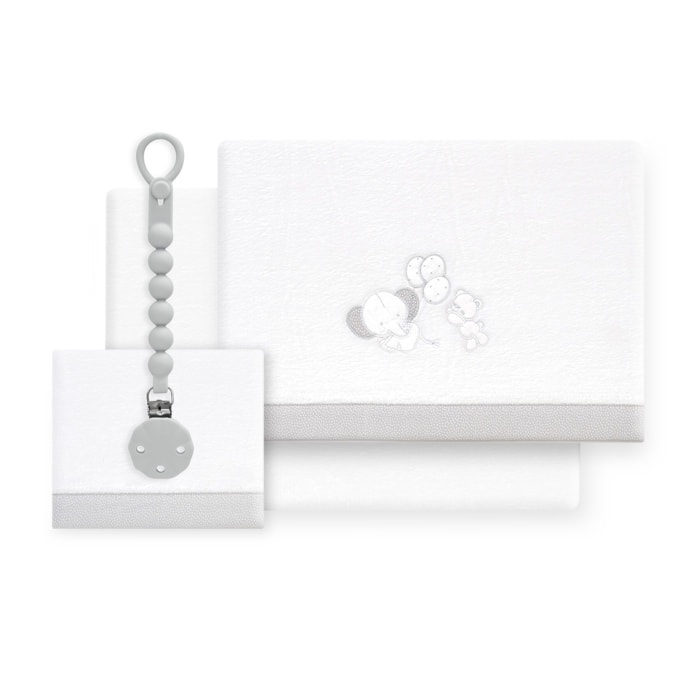 Triptico Cuna Coralina Oso Elefante Globos +Broche Bco/Gris
