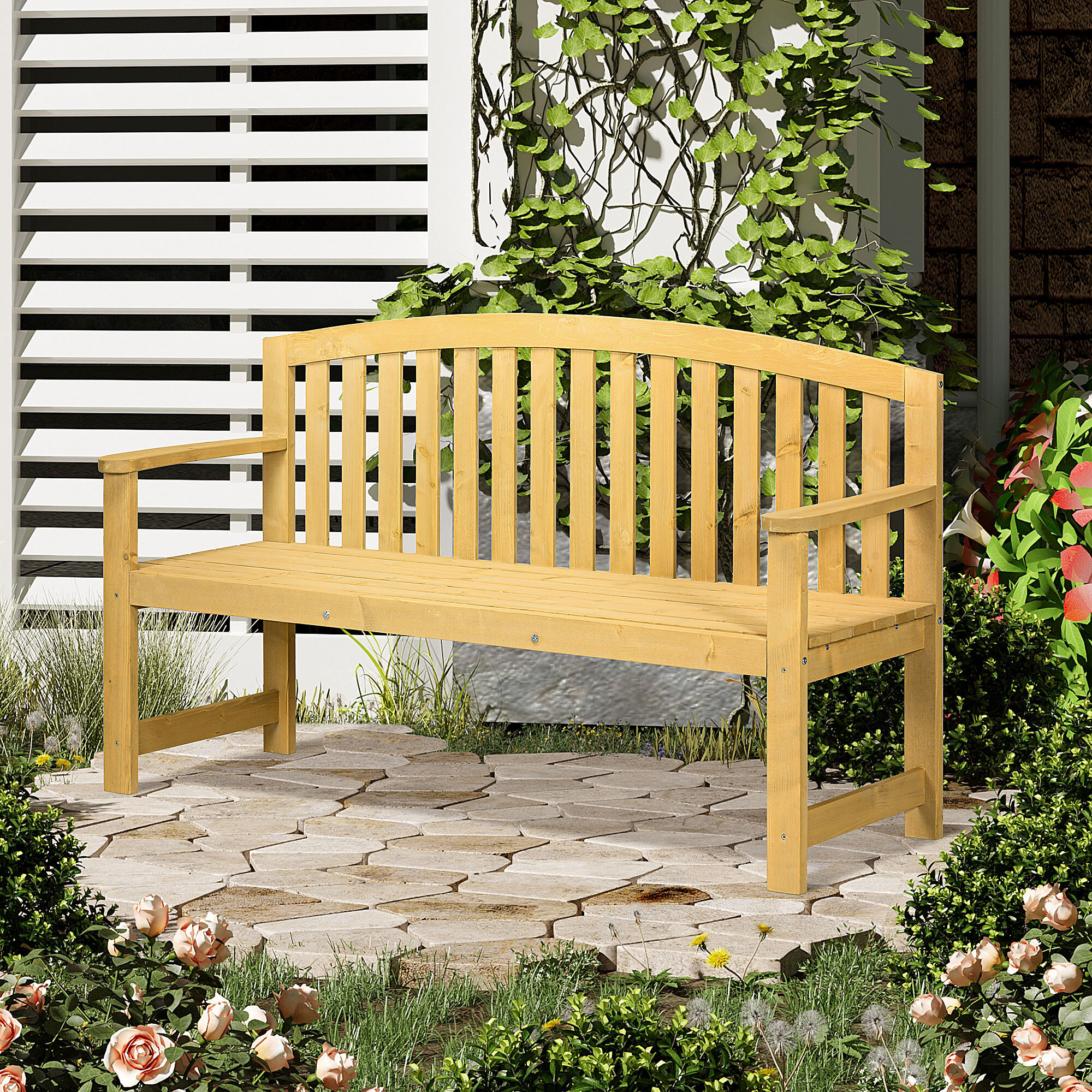 Banco de Jardín de 2 Plazas Banco Exterior de Listones de Madera con Respaldo y Reposabrazos para Terraza Balcón Patio Carga 240 kg 143x51x85 cm Natural