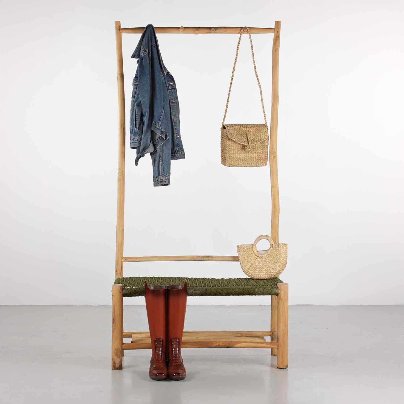 Panca appendiabiti in legno di teak e corda verde - Terra