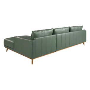 Sofá chaise longue derecha de 5 plazas tapizado en piel de origen vacuno en verde patas de madera en miel 295x160x90cm