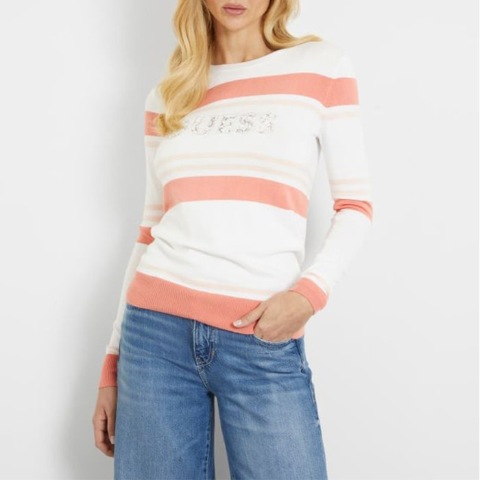 Pull Macy - orné de strass - rayures - blanc et rose