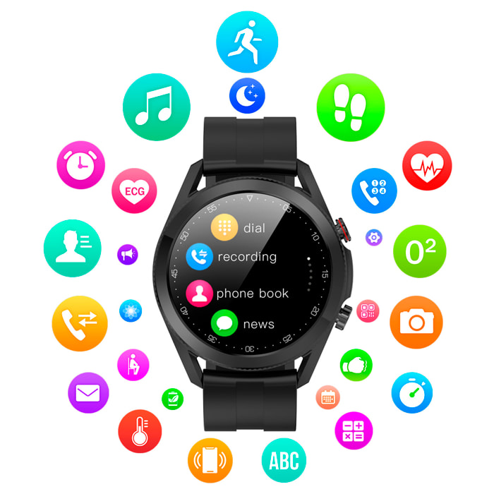 Smartwatch L19 con notificaciones de aplicaciones. Monitor de salud con ECG, monitor de tensión y de oxígeno en sangre.