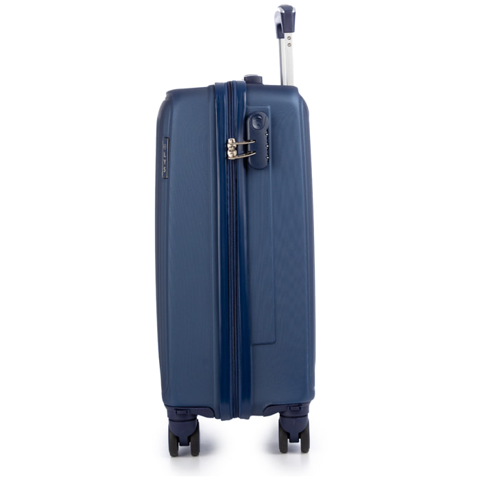 Valigia da cabina Trolley in materiale leggero ABS ad alta resistenza. Chiusura combinata e 4 ruote doppie rimovibili e girevoli a 360°.