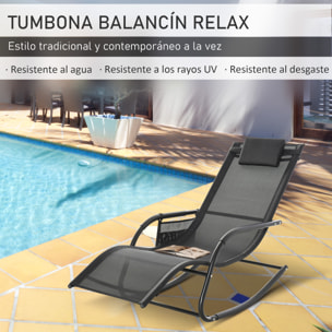 Mecedora de Exterior Tumbona Mecedora con Reposabrazos Reposacabezas Acolchado y Bolsillo Lateral Carga 120 kg para Jardín Terraza Patio 150x62x88 cm Negro