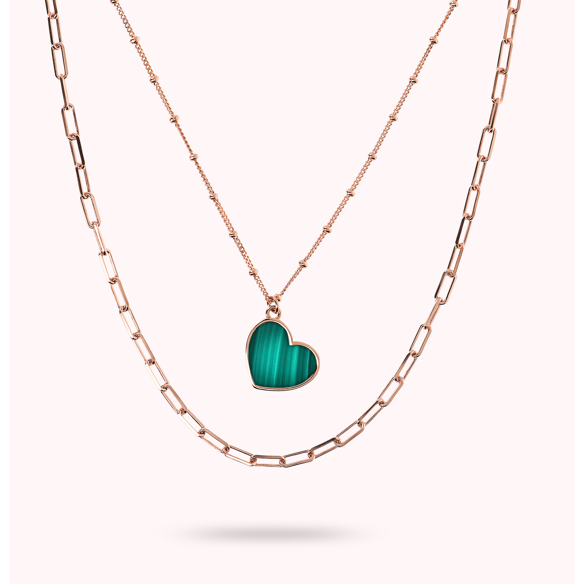 Collana Multifilo Forzatina e Catena Rosario con Pendente Cuore in Malachite Verde