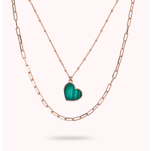 Collana Multifilo Forzatina e Catena Rosario con Pendente Cuore in Malachite Verde