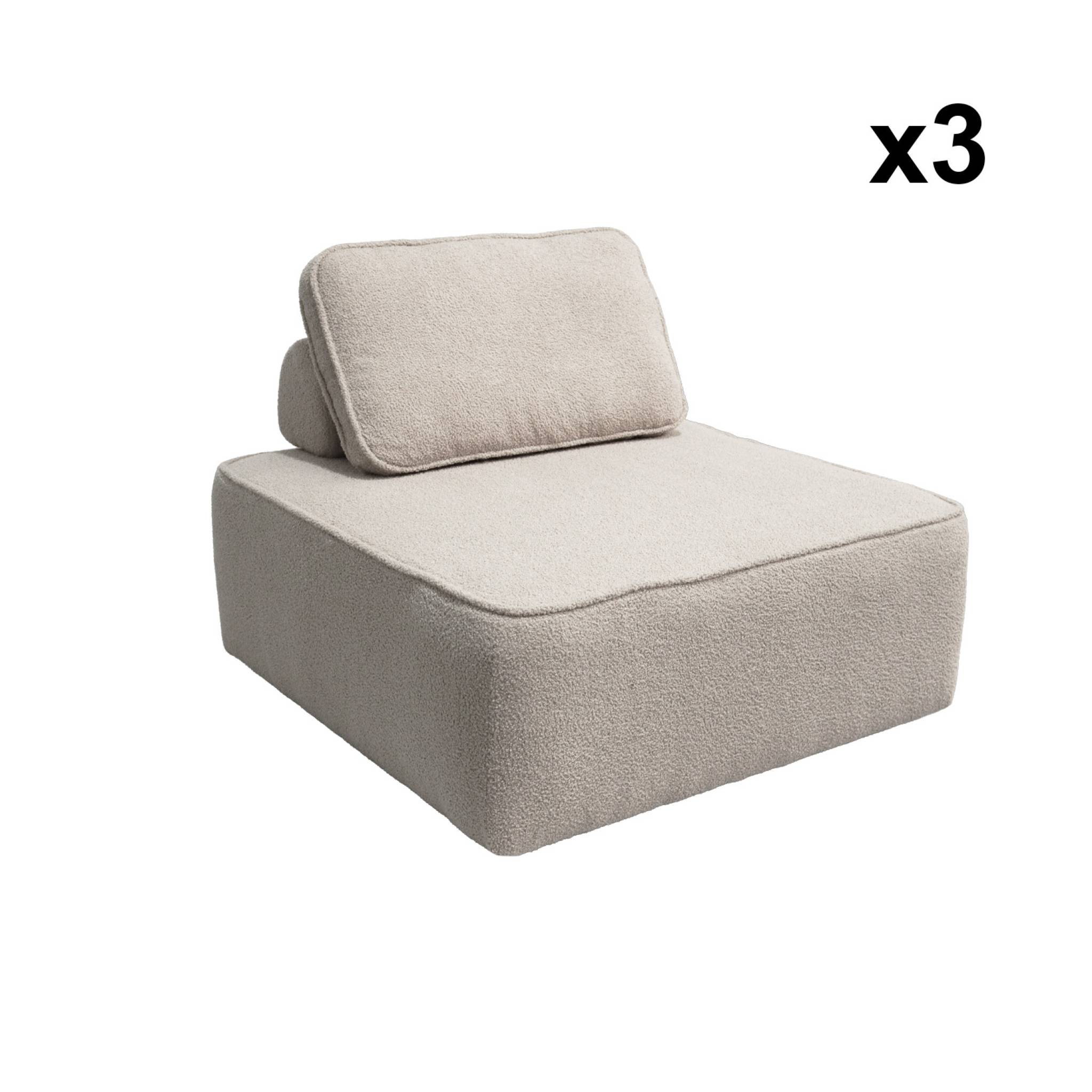 Lot de 3 chauffeuses pour canapé modulable tissu bouclette beige 1 place Bao. L 90 x P 90 x H 74cm
