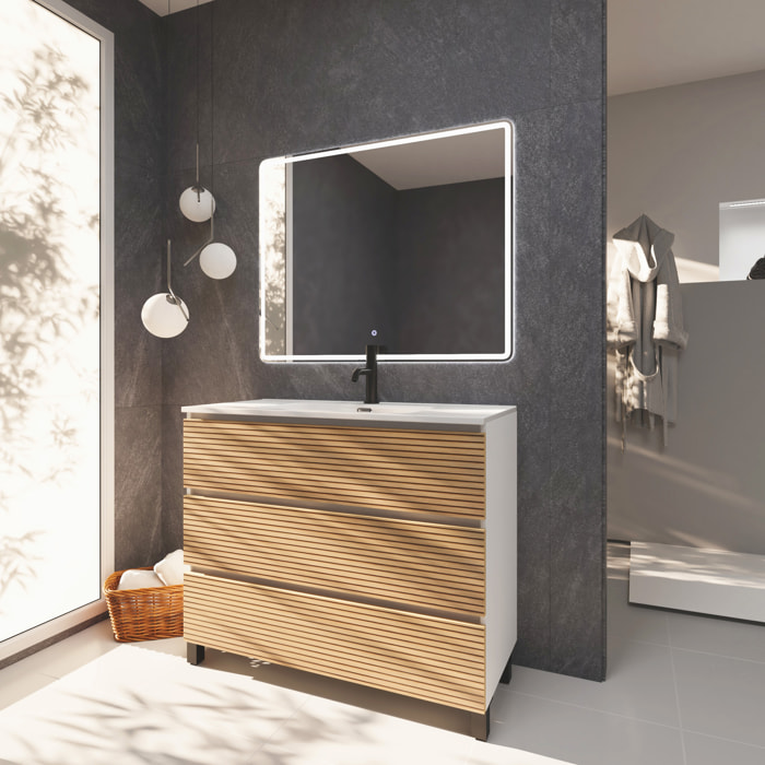 Meuble de Salle de Bain Yinu | 100 cm Blanc - Solomon | Trois Tiroirs | Lavabo Encastre | N'inclut pas Miroir | Meuble Monte | Alday