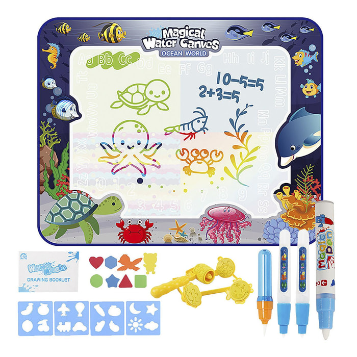 Lavagna per bambini per disegnare con acqua di 100x80cm. Disegno del pesce. Include 3 pennarelli ad acqua, 4 modelli di disegno, 4 timbri sagomati e 8 figure EVA.