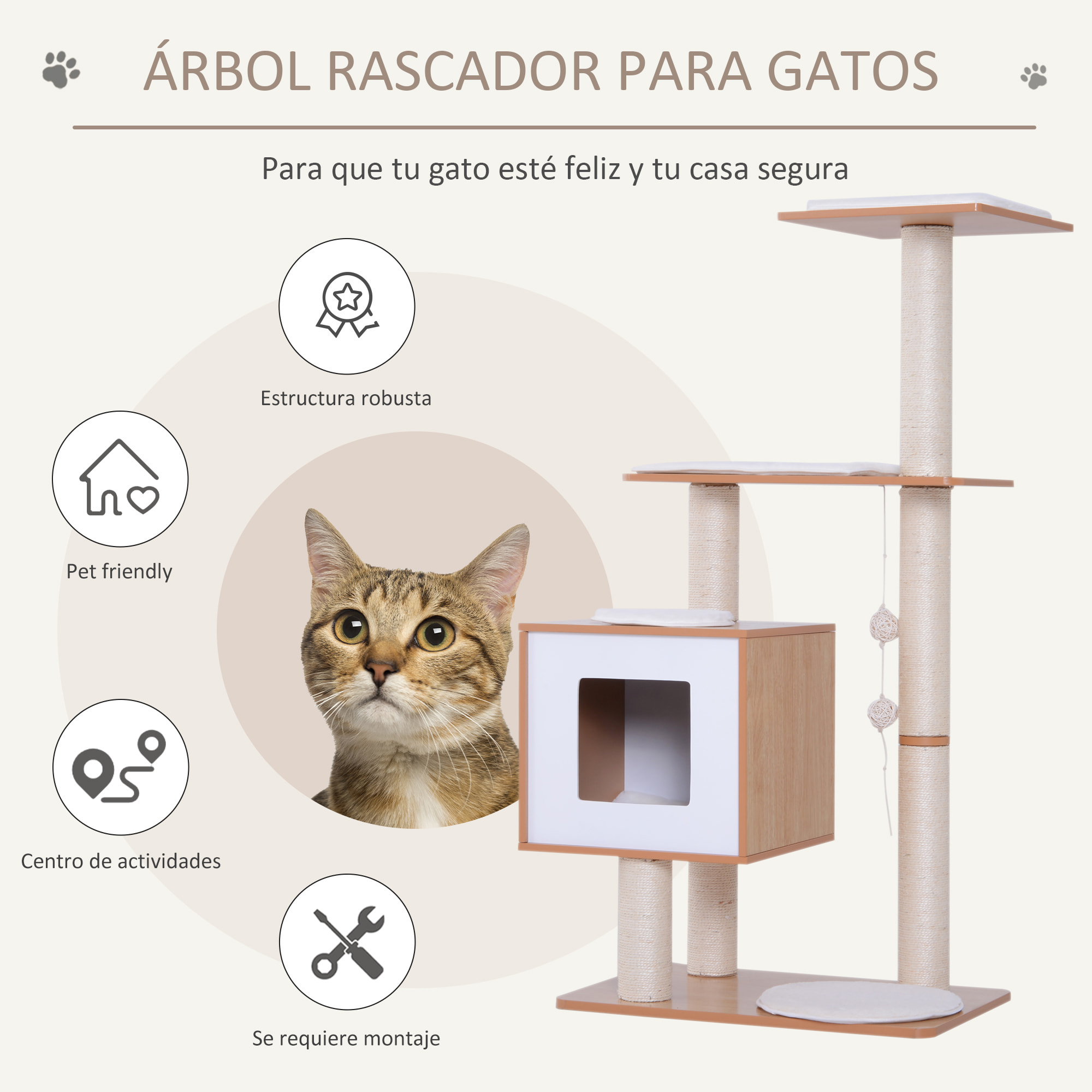 árbol Rascador para Gatos de Madera 71,5x49,5x120 cm con Cueva y Postes de Sisal