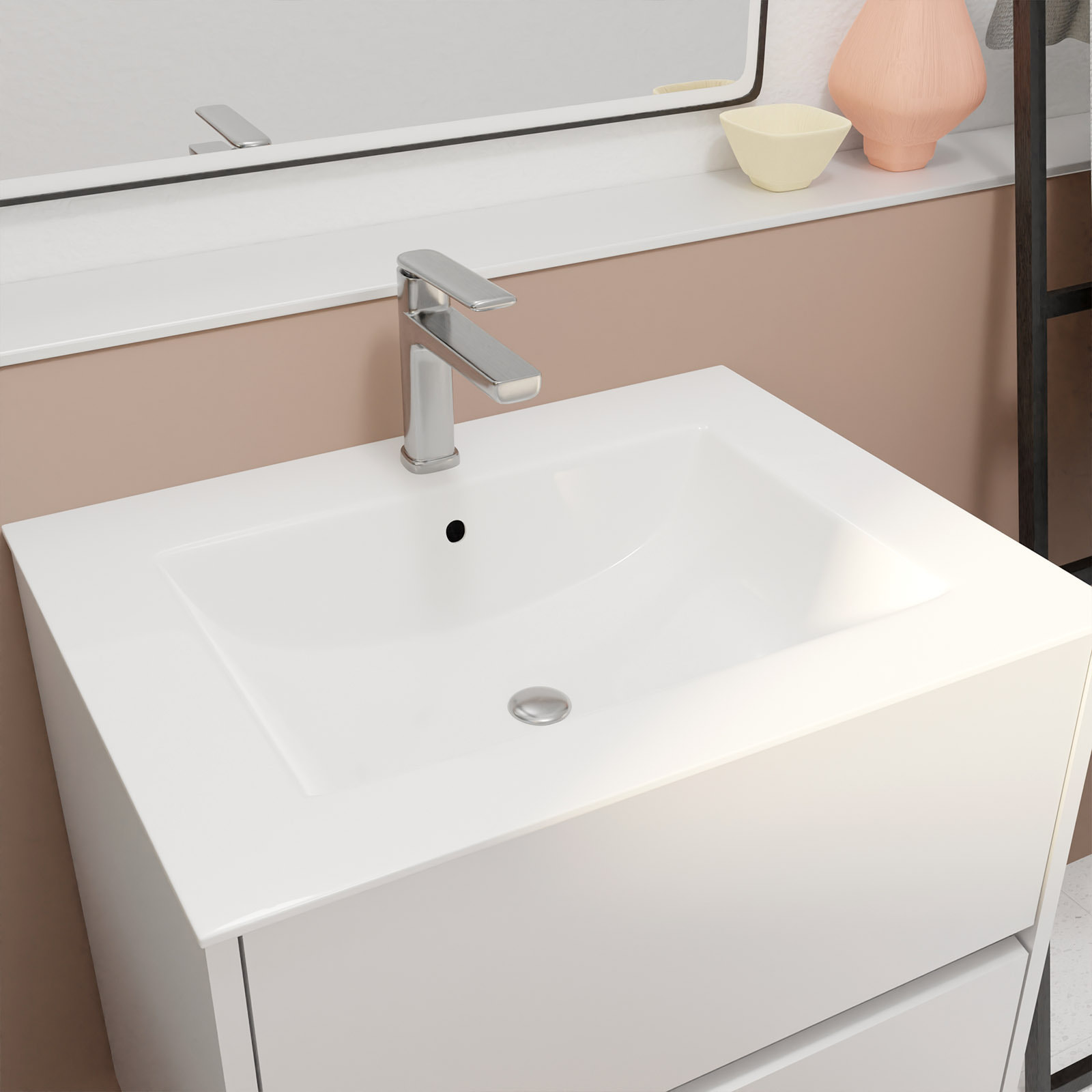 Pack Meuble Salle de Bains 60 cm Laqué Blanc, 2 tiroirs avec Vasque Céramique - XENOS