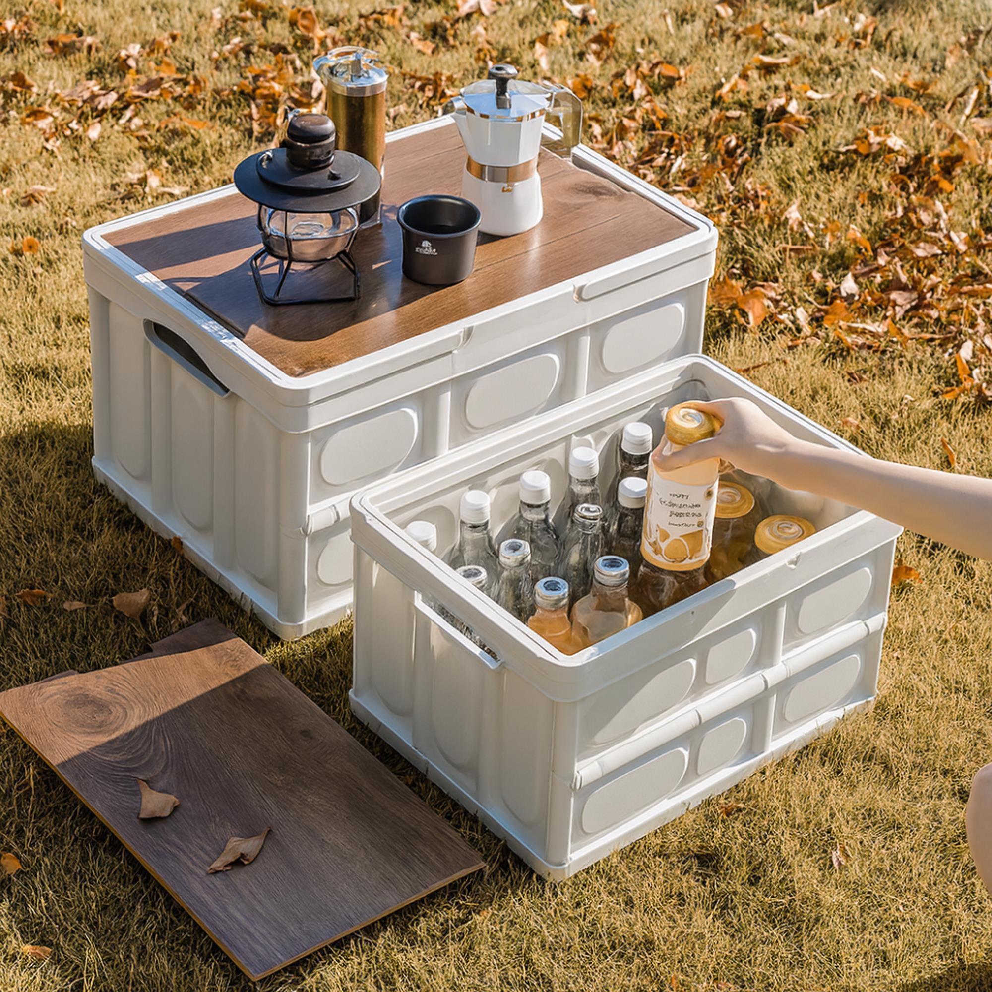Caja de almacenamiento plegable color blanco con tapa imitación madera